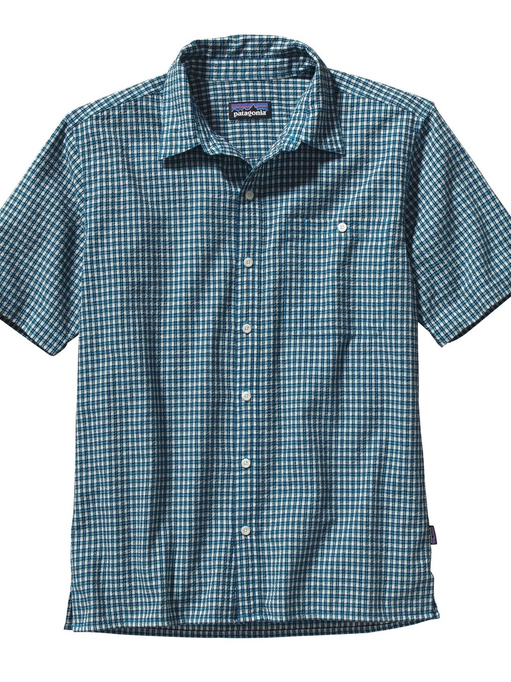 Patagonia • M's Puckerware Blue Plaid Check Short Sleeve Button Up Shirt • L